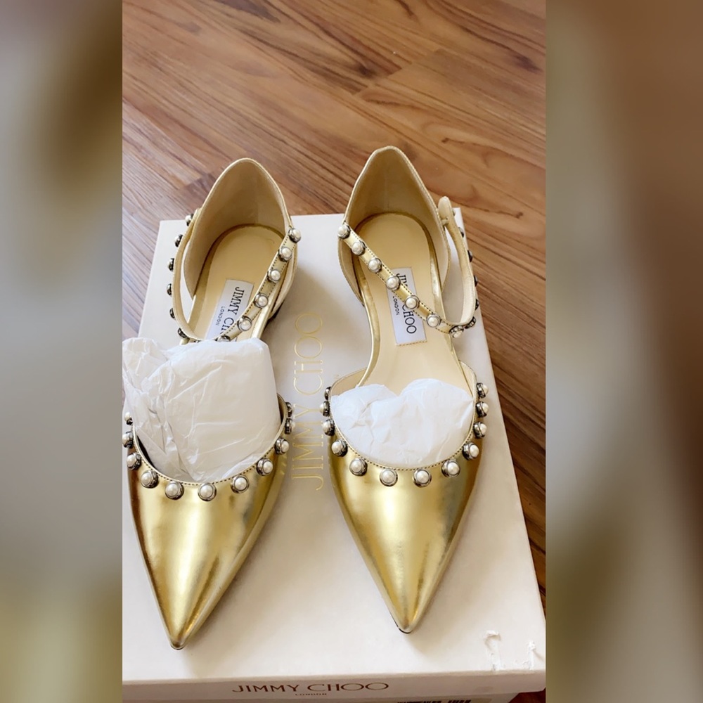 COPY - Jimmy Choo  Gold Pearl Embellish Leather Flat NEW